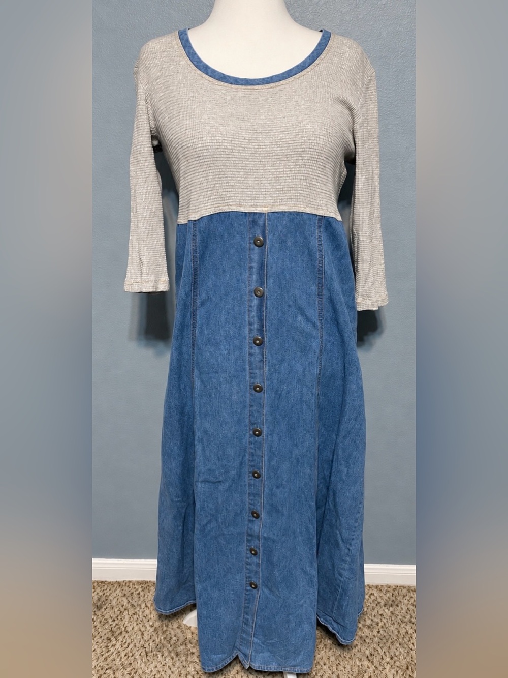 Vtg Monique Fashions Denim Maxi Dress Button Front Prairie Cottagecore 90s Sz 2